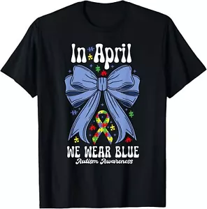 In April We Wear Blue For Autism Awareness Coquette Bow Kids T-Shirt - Picture 1 of 4