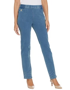 Quacker Factory - DreamJeannes Pull-On Slim Leg Pants - Bleached Denim - Picture 1 of 3