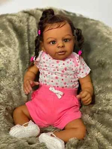 24" Girl Reborn Baby Doll Dark Skin African American Newborn Toddler Rooted Hair - Picture 1 of 8