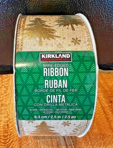 Kirkland Wire-Edged Ribbon 2.5" Wide 50 YD Beige Gold Trees Snowflakes Ribbon - Picture 1 of 5
