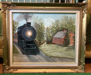 Vintage 1990 Original Painting Antique Frame Signed Train Farmhouse Barn Country - Picture 1 of 17