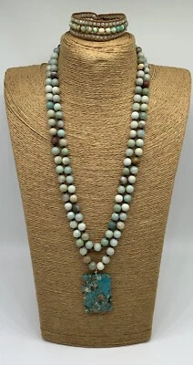 Colgante de piedras amazonitas anudadas largas hecho a mano + pulsera conjunto de regalo Foto 1 de 4