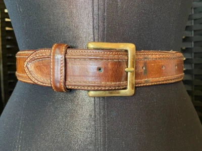 CINTURÓN DE CUERO MARRÓN COSIDO GIORGIO ARMANI Cintura de Latón 24" - 28" Pequeño Italia Foto 1 de 4