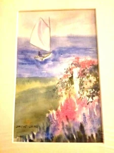 Irene Laime Original Aquarell Maritim Segelboot Floral 9 1/8 x 13 1/2 mattiert - Bild 1 von 6