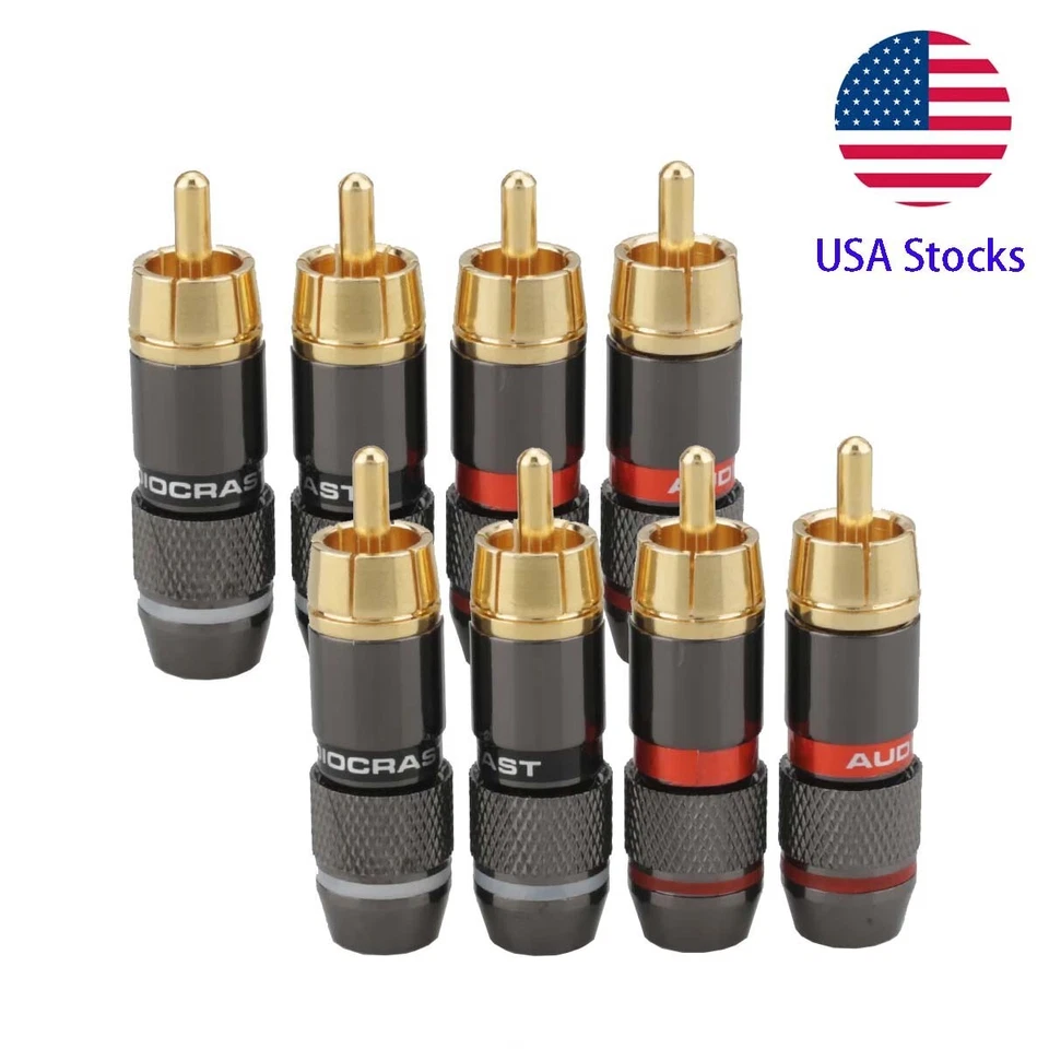 8 peças conectores RCA macho plugue RCA banhado a ouro 6 mm fio de lótus duplo travamento automático - Imagem 1 de 4