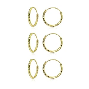 3 Pair Set Gold Flash Silver Diamond-Cut Small Endless 12mm Round Hoop Earrings - Picture 1 of 5