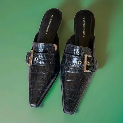 Talla 9M Raro Donald Pliner Negro Carib/Gator Cuero Repujado Mulas 3" Tacón Nueva Caja Foto 1 de 4