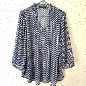 Rose & Olive Top 3X Blue White Geometric Sheer Blouse Flowy Nautical Coastal - Picture 1 of 16