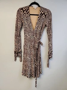 Abito Diane Von Furstenberg donna 4 marrone geometrico vintage DVF 100% seta avvolgente - Foto 1 di 9