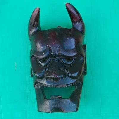 Japanese Noh Mask Hannya Demon Black Wood Carved Oni Mask with Red Cord - Image 1 of 2