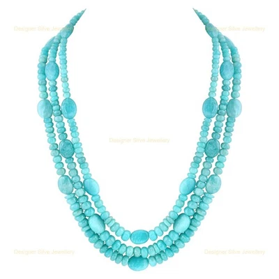 Black Friday Deal Natural Amazonite 3 Layred New Beaded Necklace Sterling Silver - Image 1 of 4