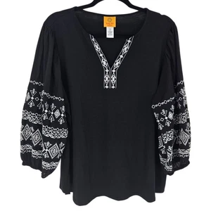Ruby Rd Damen 1X schwarz weiß bestickt Ballonärmel Bluse V-Ausschnitt Boho - Bild 1 von 9
