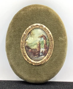 Vintage Miniatur Gemälde Druck oval grün Samtrahmen Wandbehang Bürgerkrieg 3,5" - Bild 1 von 7