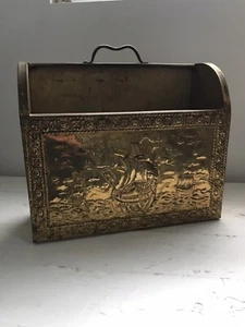 Antique brass covered MAGAZINE NEWSPAPER HOLDER old sailing ships Rare - Picture 1 of 14