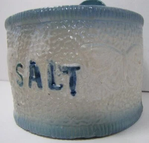 Butterfly Antique Salt Stoneware Crock blue white decorated butterfies glaze old - Picture 1 of 12