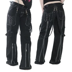 Puritues Gothic Women Bondage Steampunk long Front And Back Zipper Party Pants - Picture 1 of 4
