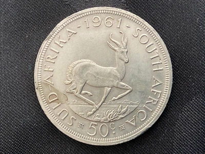 SÜDAFRIKA 50 CENTS 1961 - SPRINGBOCK - ELIZABETH II. - SILBER KM#62 - S. ERHALT. - Bild 1 von 2