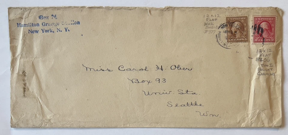 EARLY NY HAMILTON ORANGE STATION COVER STAMP #377 FLAT WMK, #406 TYPE I - Image 1 of 3