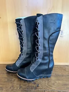 SOREL CATE THE GREAT WEDGE 7.5 Tall Black Great Waterproof LACE UP GUC Rare - Picture 1 of 10