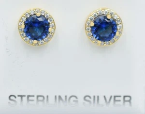 LAB CREATED 2.34 Cts TANZANITE  & W/SAPPHIRES STUD EARRINGS .925 Silver (Yellow) - Picture 1 of 3