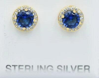 LAB CREATED 2.34 Cts TANZANITE  & W/SAPPHIRES STUD EARRINGS .925 Silver (Yellow) - Image 1 of 3