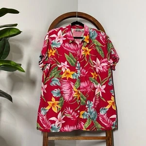 Vintage Chico's XL Red Linen Tencel Short Sleeve Hawaiian Button Down Shirt - Picture 1 of 8