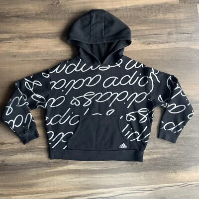 Adidas Girls Loose Fit Cropped Hoodie Black Allover Print Cotton Blend XL - Image 1 of 4