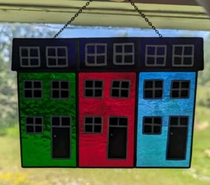 Stained Glass Suncatcher Handmade Folk Art Maritime Row House Green Red And Blue - Picture 1 of 6
