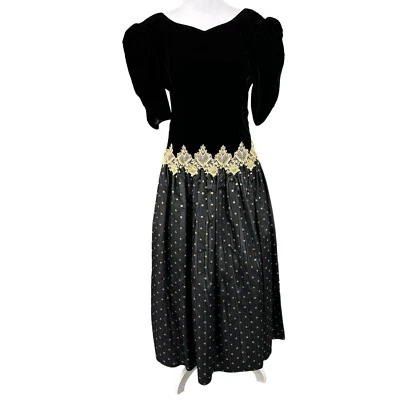 Falda De Colección Scott McClintock Talla 10 Terciopelo Negro Dorado Lunares Años 80 Baile de graduación Retro Foto 1 de 4