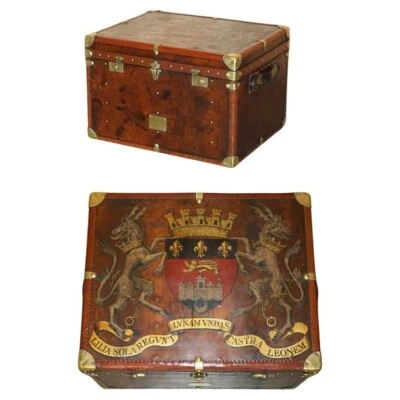 ONE OF A KIND ANTIQUE BROWN LEATHER STEAMER TRUNK WITH ARMORIAL COAT OF ARMS - Image 1 of 4