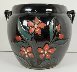 VTG Floral Cookie Jar Bean Pot Utensil Crock No Lid 7"  Black Red Raised Flower  - Picture 1 of 12