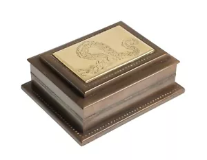 Chinesische Holz Tisch Schnupftabakdose in Horn & Messing mit graviertem Drachen & Nieten - Bild 1 von 6