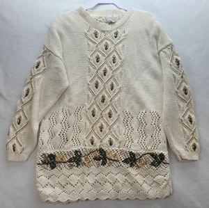Vintage 90s Express Tricot Hand Knitted Size L Cream Sweater Cottagecore - Picture 1 of 10