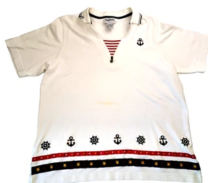Vtg Bon Worth Nautical Top Women's S OVERSIZED Short Sleeve Anchor Zipper Pull - Picture 1 of 11