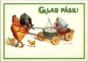 Postal firmada por artista JENNY NYSTROM Pascua 4x6 gallo tirando de gallina en carro de huevos - Imagen 1 de 2