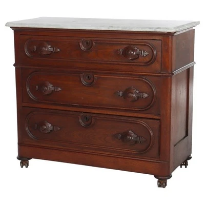 Antique Walnut 3-Drawer Marble Top Commode With Carved Pulls c1890 - Image 1 of 4