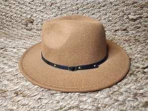 Mens Cowboy Hat Felt Faux Leather Belt Buckle Band Adjustable Ribbon Tan - Picture 1 of 10