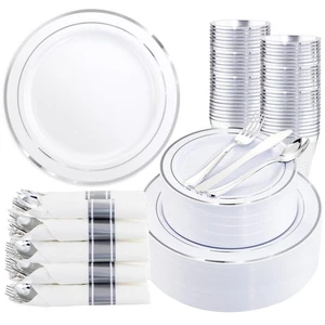 350Piece Silver Plastic Dinnerware Set for 50 Guests - Silver Plastic Plates ... - Picture 1 of 9