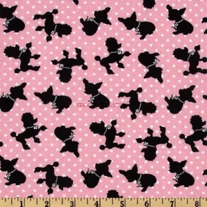 BTY High Style Dog Pups Silhouettes Polka Dots Pink Cotton Fabric By The Yard - Picture 1 of 2