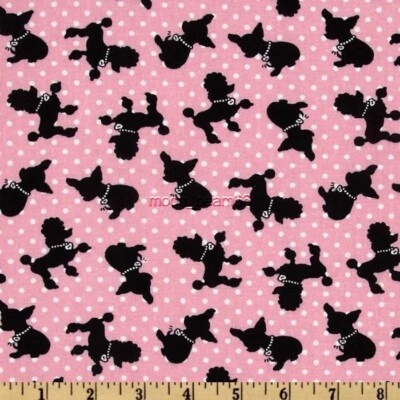 BTY High Style Dog Pups Silhouettes Polka Dots Pink Cotton Fabric By The Yard - Image 1 of 2
