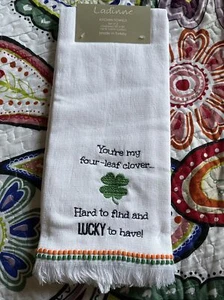 LADINNE Set 2 St. Patrick's 20x30 White Fringe Kitchen Towels Four Leaf Clover - Picture 1 of 13