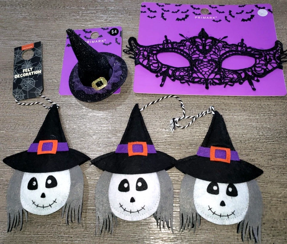 NEW 3 HALLOWEEN FELT WITCH DECORATION CRAFT HAT HAIR CLIP BLACK EYE MASK LACE - Image 1 of 1