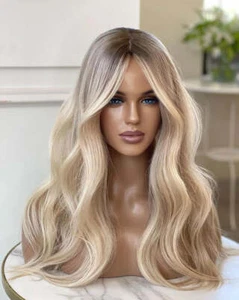 Ombre Honey Blonde Human Hair Lace Front Wigs Long Wavy Preplucked 150 Density - Picture 1 of 7