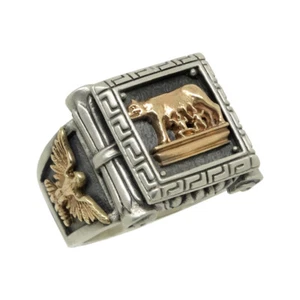 Massives Gold 10K & Sterlingsilber SPQR Adler römisch kapitolischer Wolf Männer Ring  - Bild 1 von 12