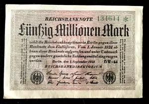 Auténtico Alemania 50 MILLONES Marcos 1923 BERLÍN Post Primera Guerra Mundial Era de Hiperinflación - Imagen 1 de 2