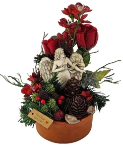 Künstliche Blumen Grabgesteck Rote Rosen  Engel Schale Kunstblumen Friedhof - Bild 1 von 13