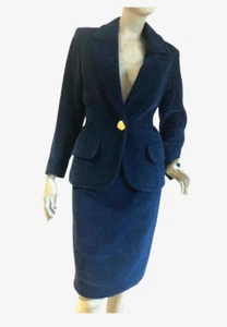Vintage Yves Saint Laurent Blue Velvet Skirt Suit Gold Buttons French Size 44 - Picture 1 of 24