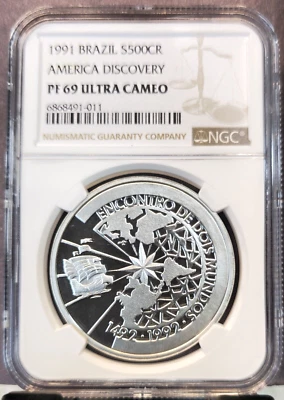 1991 BRAZIL SILVER 500 CRUZEIROS AMERICA DISCOVERY NGC PF 69 ULTRA CAMEO TOP POP - Image 1 of 3