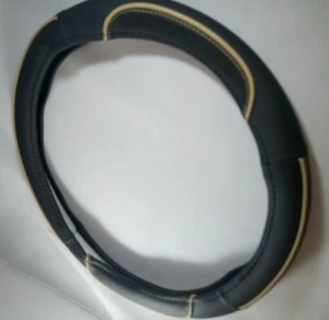 2017 Black & Beige Slip-On Style PU Steering Wheel Cover Perfect Fit Non-Slip - Picture 1 of 6