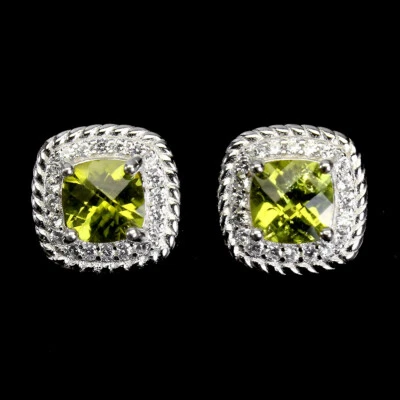 925 Sterling Silver Earrings Cushion Green Peridot 6mm Gemstone Jewelry - Image 1 of 4